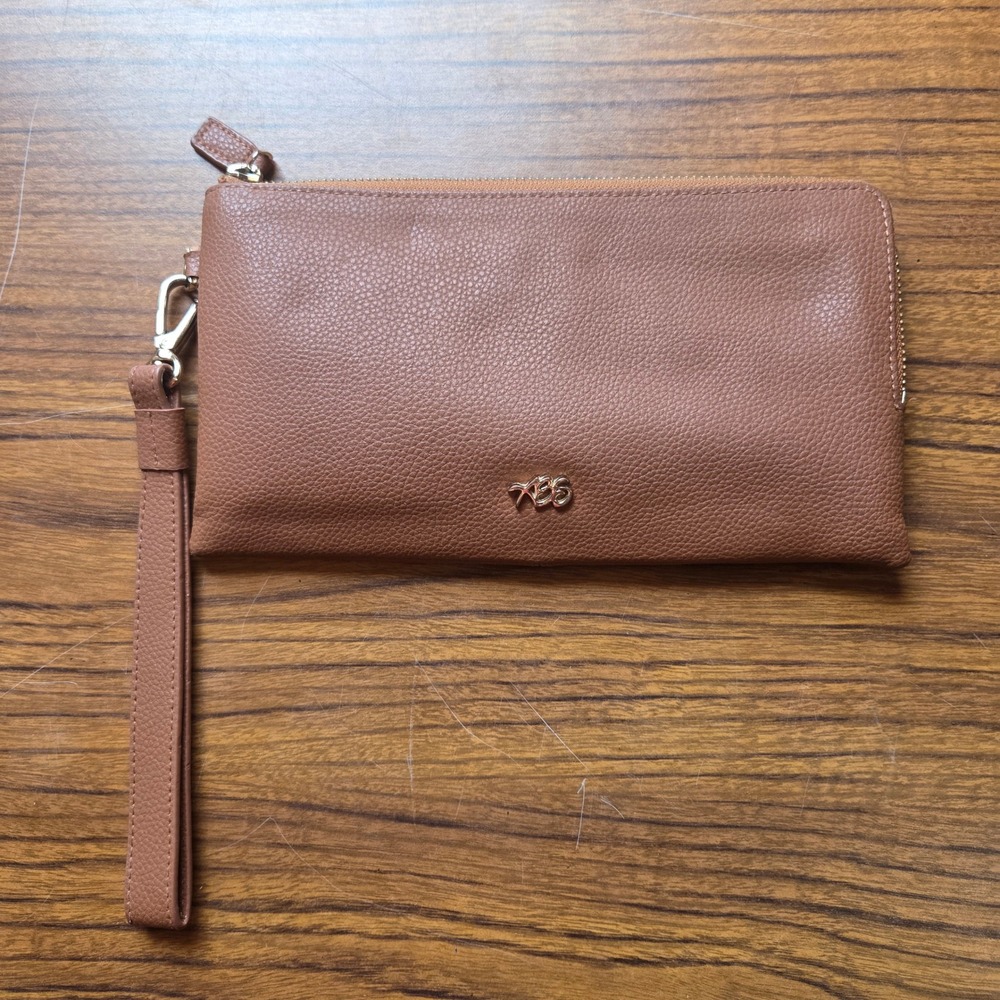 ABS Allen Schwartz Cognac Brown Pebbled Vegan Leather Wristlet Clutch Wallet